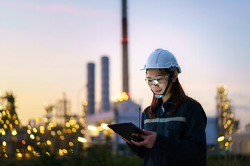 Asian woman petrochemical engineer working at night with digital tablet Inside oil and gas refinery...