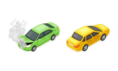 Car service and repair set. Green broken with opened hood and yellow car isometric vector illustration