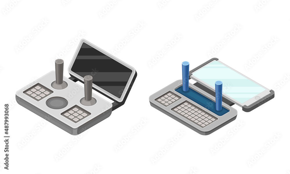Poster remote controls for flying copter. radio controllers for drones isometric vector illustration