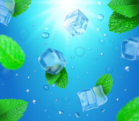 Ice cubes with mint leaves backgound. Fresh pepermint in blue water background realistic