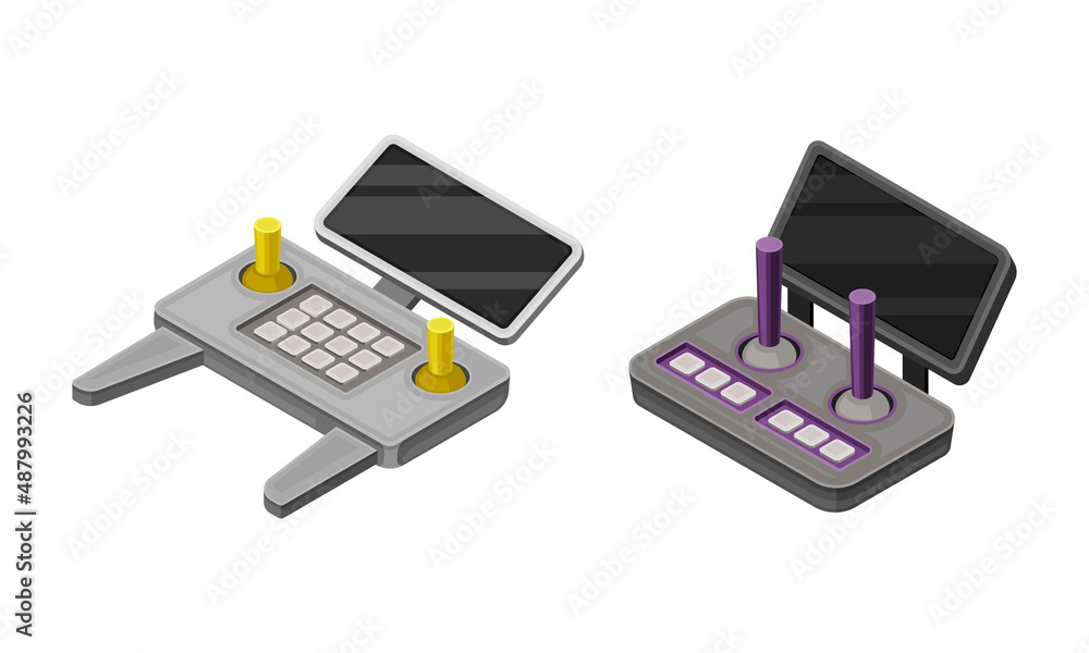 Aufkleber remote controls for flying copter. drones radio controllers modern devices isometric vector illustra