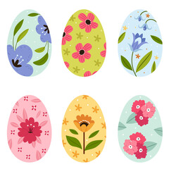Set of beautiful Easter eggs.Flower pattern.Postcard.Hand drawn flat illustration.