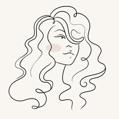 Curly girl linear illustration.Stylish abstract portrait.Scandinavian Minimalism.Hand drawn flat illustration.
