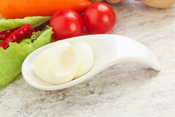 Organic mayonnaise sauce in the bowl