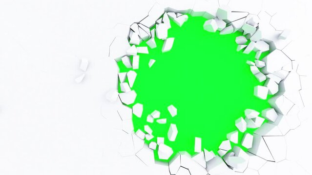 broken white wall, Explosion, destruction, Isolated on green background, Concrete wall flying into small pieces.