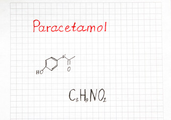 Chemical formula of Paracetamol. Tablets to eliminate high temperature. Close-up.