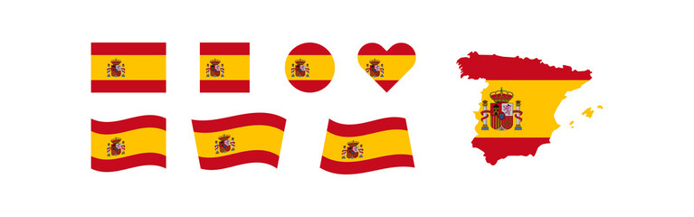 Naklejka premium Spain flag and map icon set different shaped. Europe isolated vector