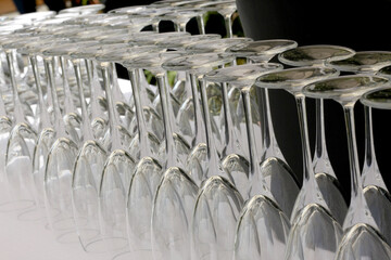 Row of empty wine champagne glasses ready for the party