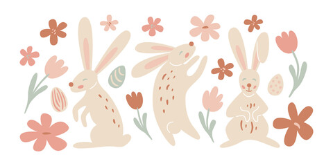 Happy easter. Set of rabbits. Spring cartoon illustration for kids
