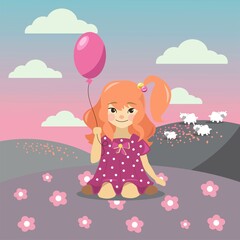 vector flat illustration of a cartoon girl on the field, landscape