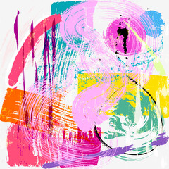 abstract colorful background composition, with lines, waves, circle, paint strokes and splashes