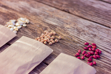 Obraz na płótnie Canvas bean, chickpea and pumpkin seeds in paper bags on a rustic wooden table close-up, selective focus. concept of farming, gardening, planting organic natural products.
