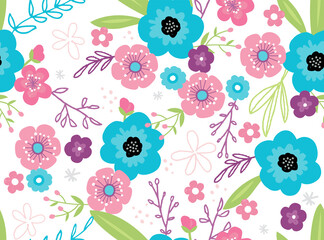 Fun seamless floral pattern in a bright, trendy color scheme. A modern twist on a liberty floral print.