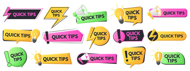 Quick tips, tricks and solutions logos, helpful advice emblems. Useful idea, problem solution and suggestions logos vector illustration set. Helpful tricks speech bubbles