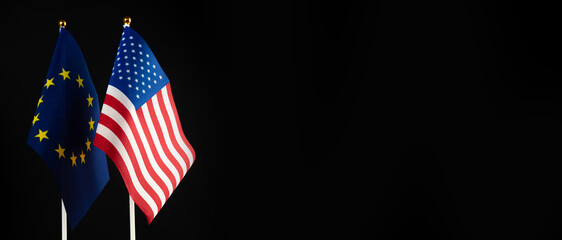 USA and EU flags banner. Sanctions pressure, politics, crisis and cold war concept. Black background. Europe Union vs United States of America