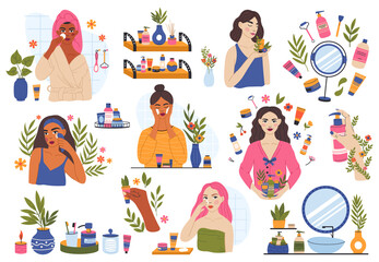 Skincare routine, women use organic beauty cosmetic products. Women self care routine, cleansing and moisturising vector illustration set. Female beauty procedures