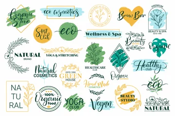 Foto op Canvas Healthy, beauty, spa and yoga lettering quotes. Hand drawn logos for organic cosmetics products vector illustration set. Spa and wellness lettering elements © WinWin