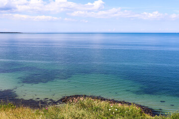 Natural and sea landscape. Beautiful beach blue sea water. Blue sky background. Sea skyline. High quality photo