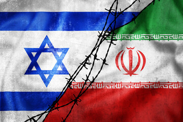 Grunge flags of Iran and Israel divided by barb wire illustration