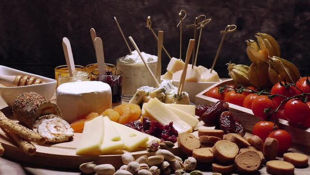 Presentation of cheeses on a wooden board