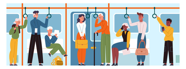 Public transport, subway passengers in underground metro train. City transportation passengers inside subway train vector illustration set. Urban public transportation