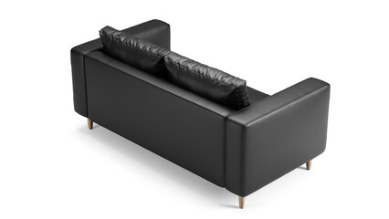 Modern black leather upholstery sofa on isolated white background with shadows. Furniture for modern interior, minimalist design. 3d render.