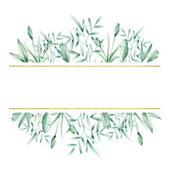 Watercolor illustration card green branches and gold  frame. Isolated on white background. Hand drawn clipart. Perfect for card, postcard, tags, invitation, printing, wrapping.