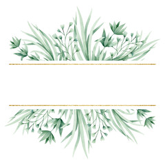 Fototapeta na wymiar Watercolor illustration card green branches grass and gold frame. Isolated on white background. Hand drawn clipart. Perfect for card, postcard, tags, invitation, printing, wrapping.