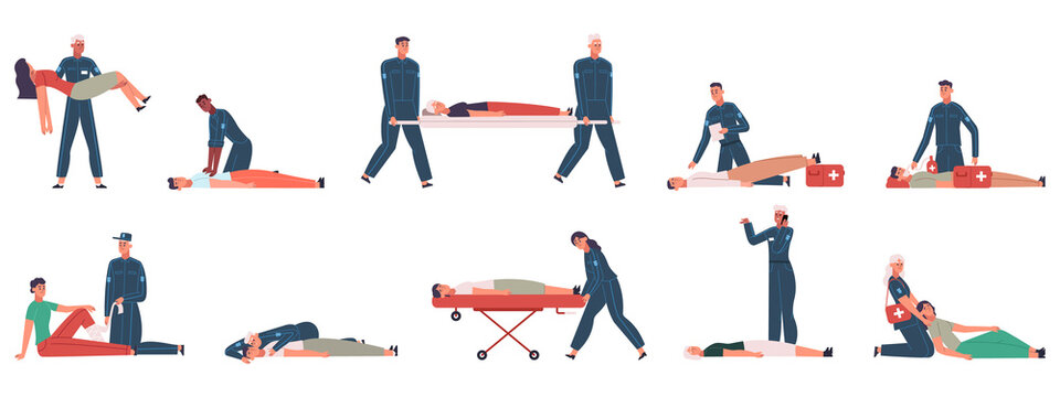 First aid procedures, emergency paramedic workers help people. Professional medical staff in uniform helps people vector illustration set. Cpr and heart emergency training