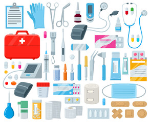 Cartoon first aid kit, medical tools and pharmacy medicines. Medical emergency box with bandage, painkillers and thermometer vector illustration set. First medical help items