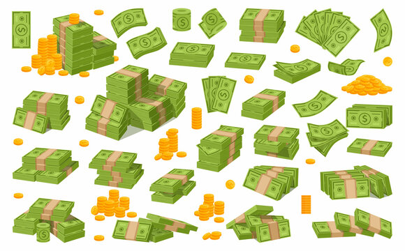 Cartoon dollar cash, money stacks and banknotes. Green dollars bill bundle, piles of cash and gold coins vector illustration set. Golden coins and banknotes icon