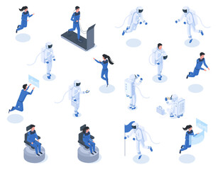 Isometric astronaut characters, space explorers, spaceman in spacesuit. Cosmonaut training center vector illustration set. Space exploration characters © WinWin