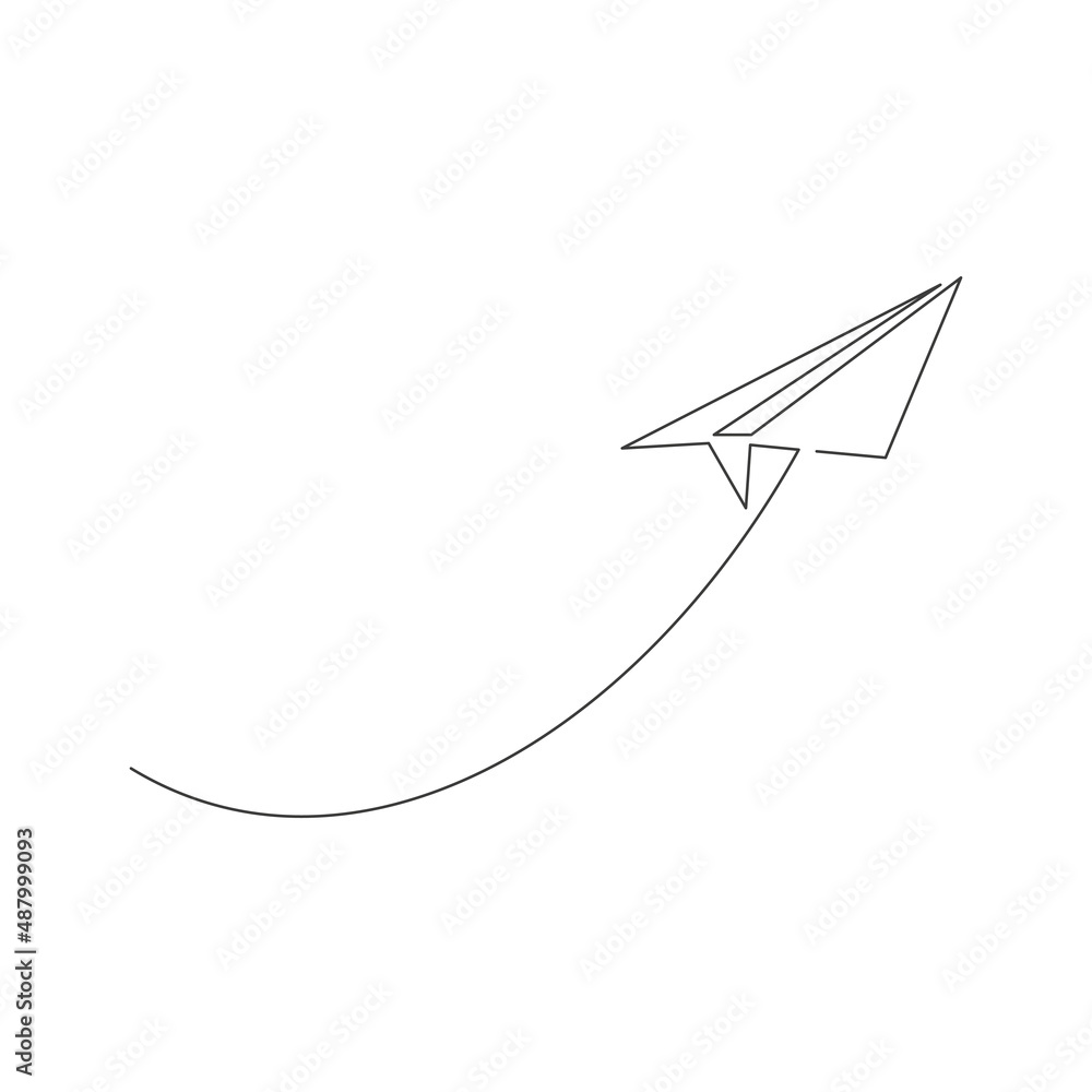 Poster paper airplane continuous one line drawing. sending message linear fold plane. vector isolated on wh