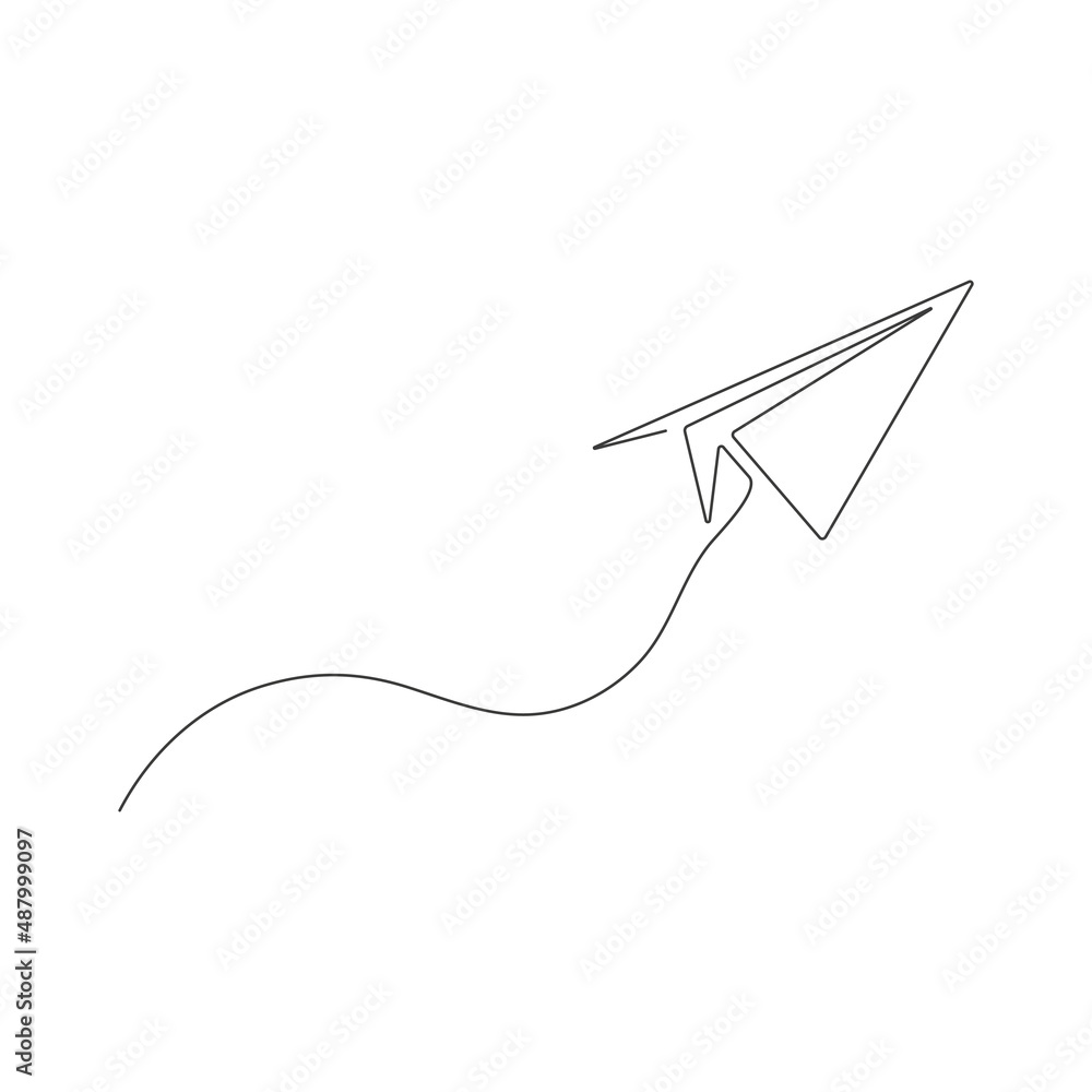 Poster paper airplane continuous one line drawing. sending message linear fold plane. vector isolated on wh