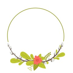 Round frame with willow tulips and leaves. Vector illustration in a flat style isolated on a white background