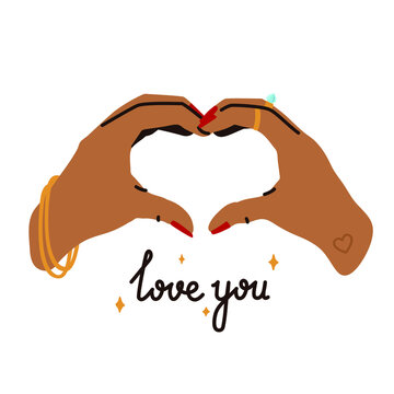 Romantic love gesture with the text "love you". Sticker and T-shirt print concept. Modern contemporary image. Isolated hand-drawn vector illustration in flat style.