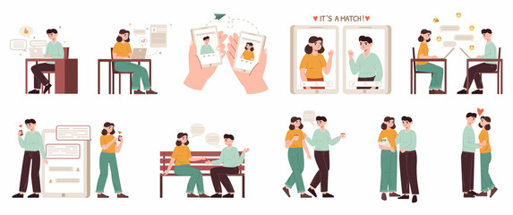 Romantic couple using dating app, online dating application. Mobile dating website, romantic partner online searching vector illustration set. Virtual love relationships