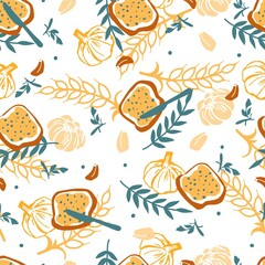 Obraz premium Delicious Organic Homemade Garlic Bread Vector Graphic Art Seamless Patter