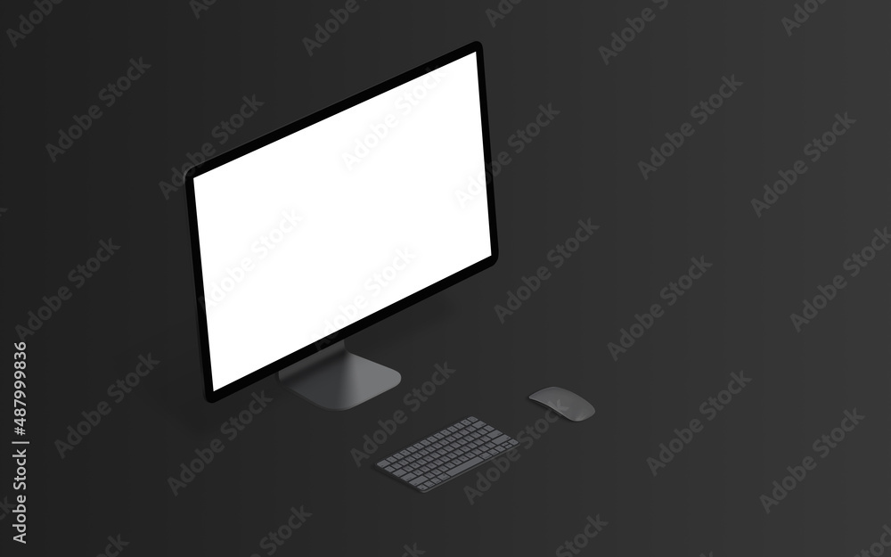 Poster Dark isometric computer display mockup. Isolated display in white for project showcase. Keyboard and mouse on black desk