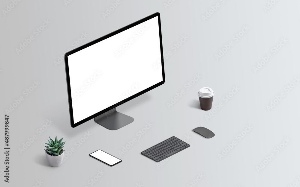 Poster computer display mockup on gray surface isometric position. smart phone mockup on desk, keyboard, mo