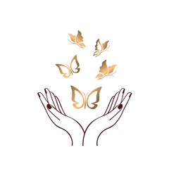 Female hands with golden butterflies.  Dark brown linear sketch isolated on white background. Vector illustration.