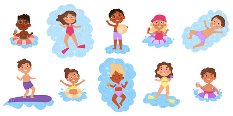 Kids swimming in pool or sea, summer children pool games. Multiethnic kids having fun in water vector illustration set. Children swimming and bathe