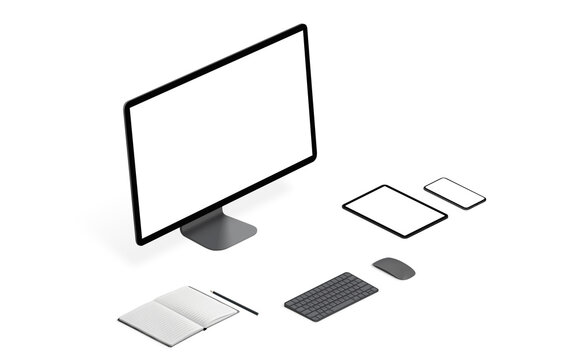 Responsive devices mockup on white desk isolated. Mockups isometric perspective
