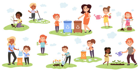 Eco friendly kids activity, sorting garbage and planting trees. Girls and boys planting tree vector illustration set. Kids throwing garbage into can