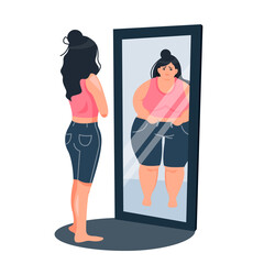 A thin girl looks at herself in the mirror and sees herself fat. The concept of anorexia and bulimia. Eating disorder, weight loss, guilt. A female character with a mental disorder. Vector - obrazy, fototapety, plakaty