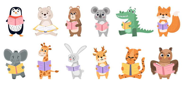 Animals book lovers, reading fox, bear and rabbit. Smart animals learn by reading books vector illustration set. Animals like to read books