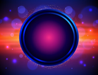 Abstract vector shining blue, orange background with bokeh and round banner