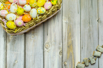 Easter egg basket colorful, hand painted. Easter background with space to customize.