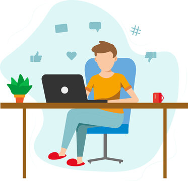 Man, boy, working from home office WFH, student or freelancer. Cute vector illustration in flat style
