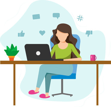 Girl, woman, working from home office WFH, student or freelancer. Cute vector illustration in flat style
